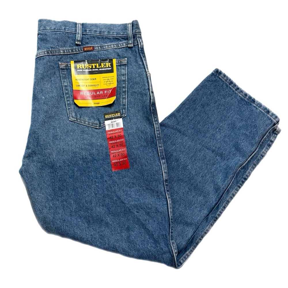Rustler Jeans Regular Fit Straight Leg Mens Size 42X30 Blue Denim Heavy Duty NWT